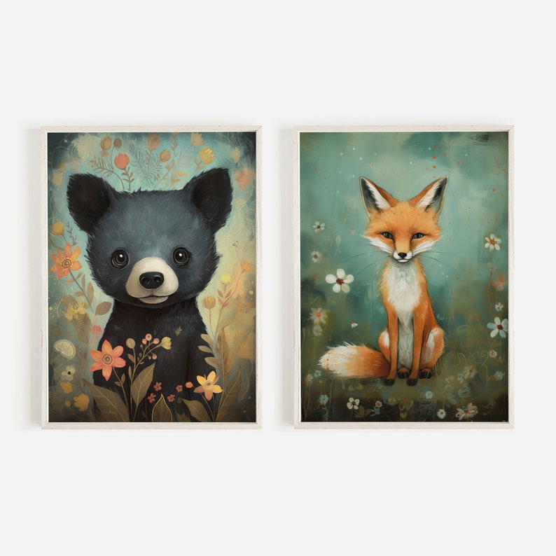 Woodland Animals Prints, Set of 2, Forest Animal Art, Bear Wall Art ...