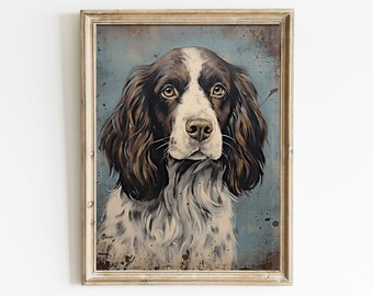 Portret psa w stylu vintage, rustykalny wystrój psa, nadruk ze springer spanielem, idealny prezent dla właściciela i kochanka springer spaniela, drukowana sztuka ścienna z psem