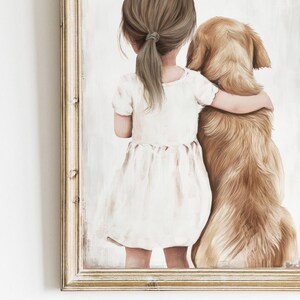 May include: A framed painting depicts a young girl in a white dress embracing a golden retriever. The girl's brown hair is pulled back in a ponytail. The dog's fur is a warm, golden brown. The painting is in a gold-toned frame.