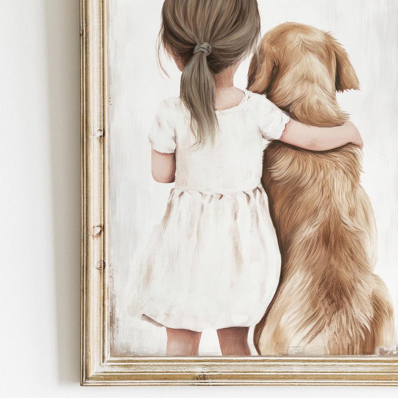 May include: A framed painting depicts a young girl in a white dress embracing a golden retriever. The girl's brown hair is pulled back in a ponytail. The dog's fur is a warm, golden brown. The painting is in a gold-toned frame.
