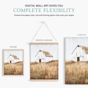 May include: A digital wall art print of a white barn with a rusty roof in a field of tall grass. The print is shown in three different framing options: a frame, a poster hanger, and a canvas.