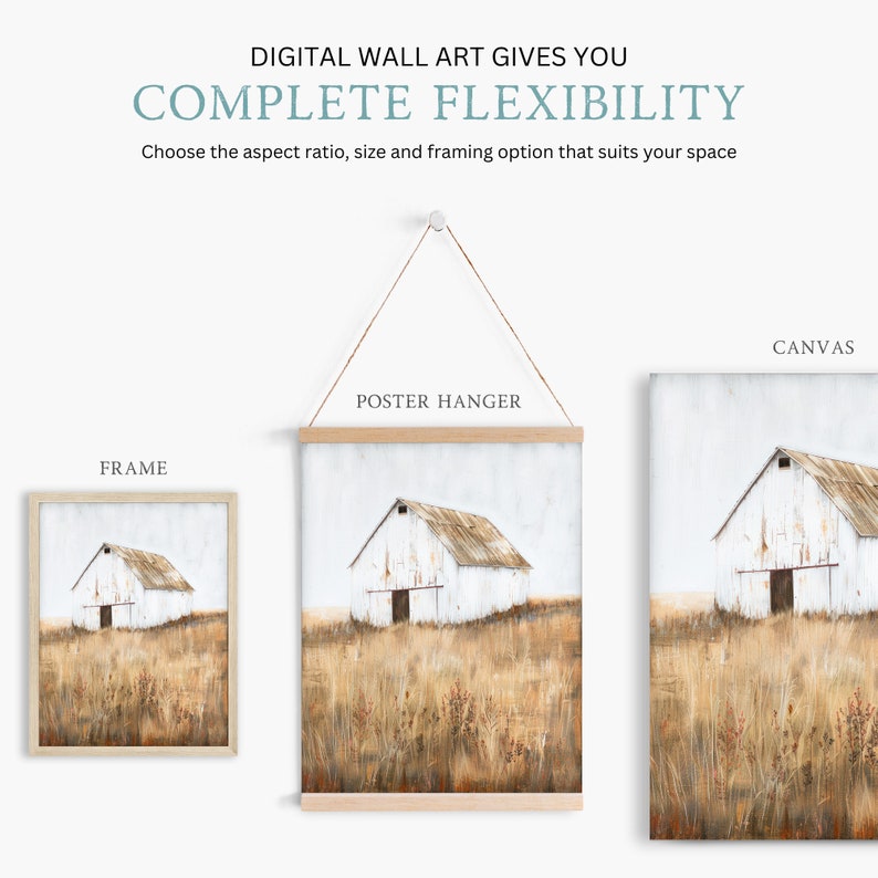 May include: A digital wall art print of a white barn with a rusty roof in a field of tall grass. The print is shown in three different framing options: a frame, a poster hanger, and a canvas.