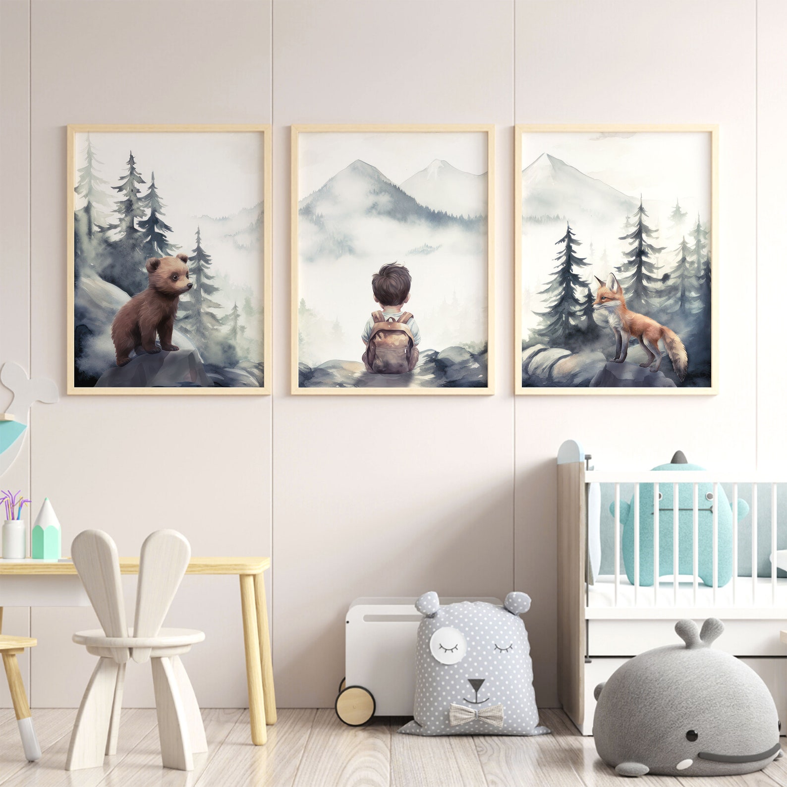 Woodland Nursery Fox & Bear Decor, Forest Animal Prints, Set of 3 ...