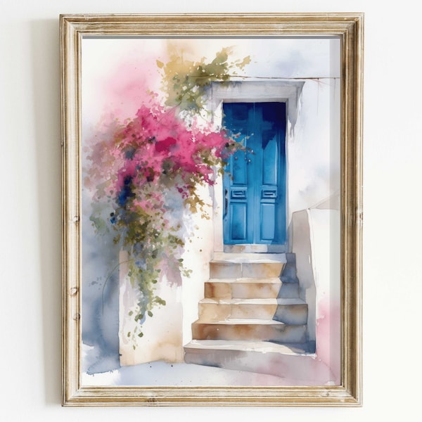 Mediterranean Wall Art, Blue Door Painting, Blue and Pink Decor, Santorini Print, Greek House Door & Flowers, Printable  Digital Wall Decor