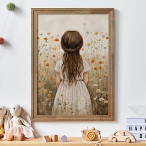 Wildflower Field Nursery Decor, Vintage Girls Room Wall Art, Set of 3, Girl with Flowers, Floral Nursery Art, Printable Art for Girls