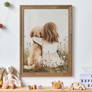 Può includere: Stampa ad acquerello in cornice di legno rustico, raffigurante un bambino che abbraccia un cane in un campo di fiori. L'opera, dai colori tenui, è ideale per la cameretta.