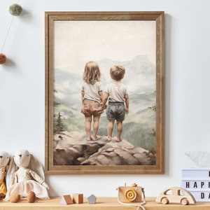 Vintage Siblings Adventure Wall Art, Brother & Sister Wall Art, Girl and Boy Toddler Print, Printable Mountain Nursery Decor