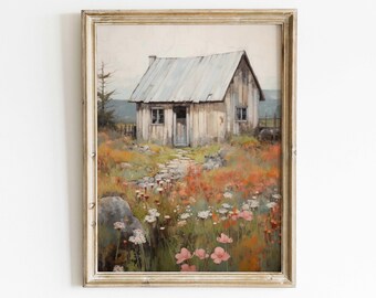 Old House Countryside Print, Rustic Farmhouse Wall Decor, Vintage Wall Art, Countryside Painting, Abandoned Cottage, Printable Country Art