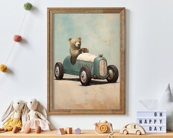 Boys Car Decor, Cool Nursery Room Playroom or Boy's Bedroom Decor, Unique Printable Vintage Wall Art for Boy, Bear Driving Sports Car