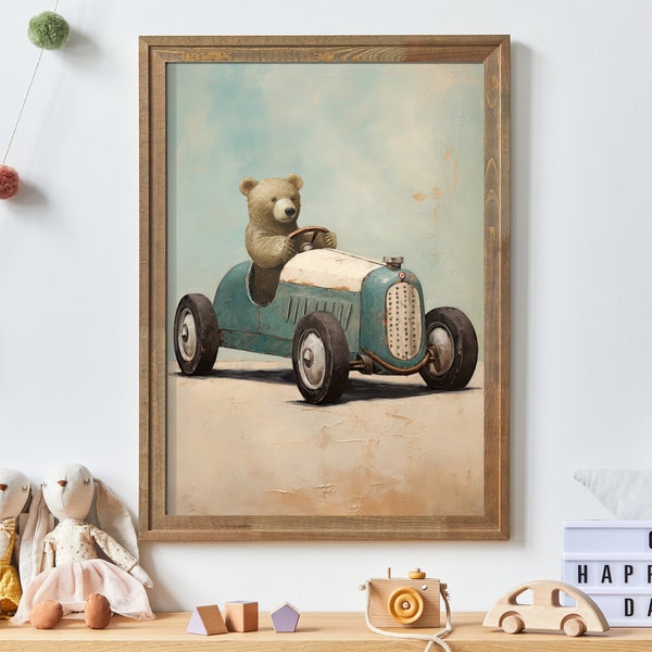 Boys Car Decor, Cool Nursery Room Playroom or Boy's Bedroom Decor, Unique DIGITAL Vintage Wall Art for Boy, Bear Driving Sports Car