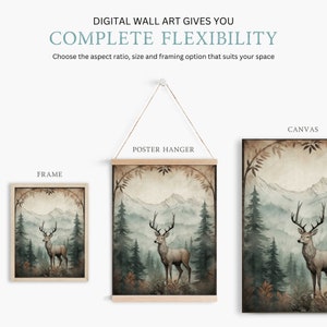 May include: A digital wall art print featuring a watercolor illustration of a deer standing in a misty forest with mountains in the background. The print is available in three framing options: framed, canvas, and poster hanger.