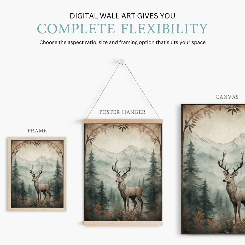 May include: A digital wall art print featuring a watercolor illustration of a deer standing in a misty forest with mountains in the background. The print is available in three framing options: framed, canvas, and poster hanger.