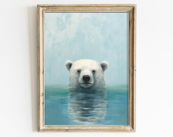 Bear Wall Decor, Polar Bear Art, Rustic Wall Art, Animals Bathing, Nursery Animals, Kids Room or Living Room Artwork, Printable Art