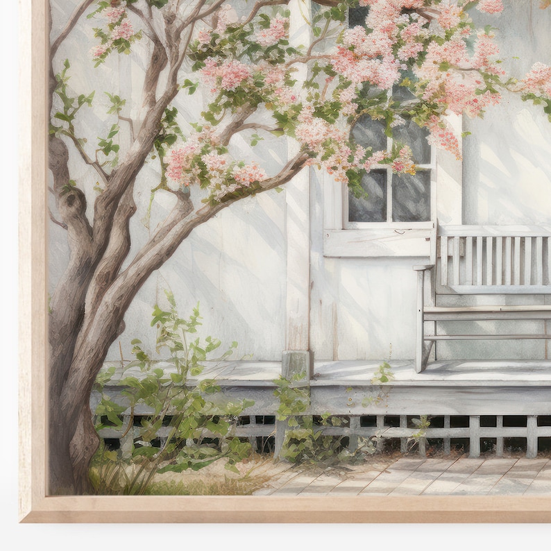 K&ouml;nnte beinhalten: Eine wei&szlig;e Holzveranda mit einer wei&szlig;en Bank und einem Baum mit rosa Bl&uuml;ten. Die Veranda hat ein Holzgel&auml;nder und einen wei&szlig;en Lattenzaun. Der Baum steht im Vordergrund und die Veranda im Hintergrund.
