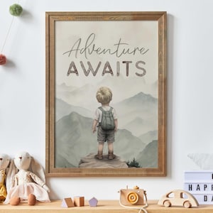 Adventure Awaits, Inspirational Boy Explorer Art, Boy Adventure Nursery, Mountain Nursery Art, Sage Green Nursery Decor, Printable Wall Art