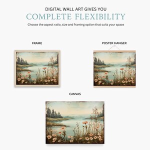 Puede incluir: Una impresi&oacute;n digital de arte de pared que representa una escena de lago con un bosque en el fondo y flores silvestres en primer plano. La imagen est&aacute; disponible en tres opciones de enmarcado: enmarcada, en lienzo y con un colgador de p&oacute;ster.