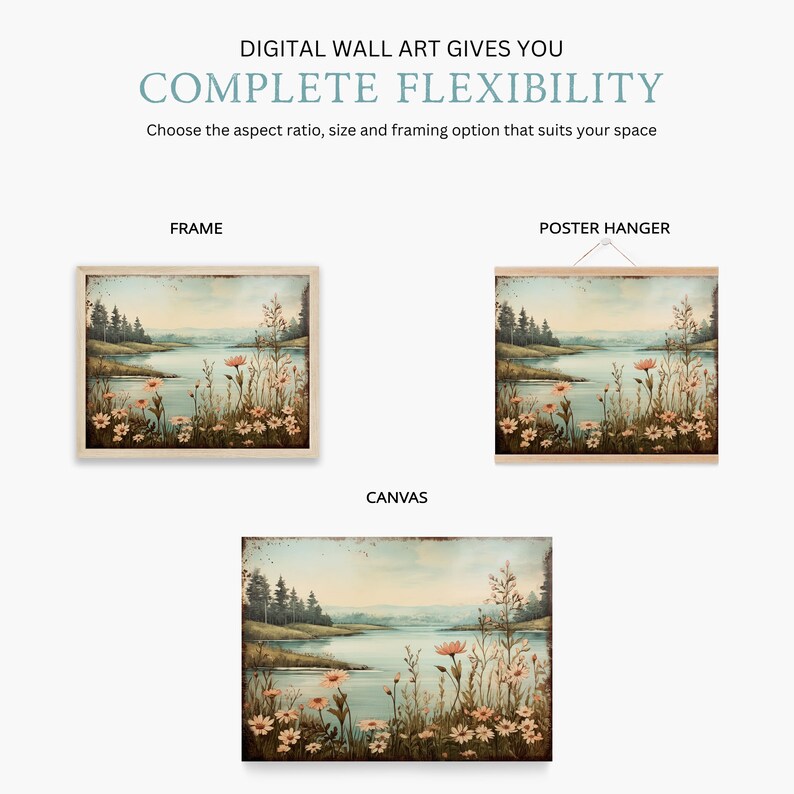 Puede incluir: Una impresi&oacute;n digital de arte de pared que representa una escena de lago con un bosque en el fondo y flores silvestres en primer plano. La imagen est&aacute; disponible en tres opciones de enmarcado: enmarcada, en lienzo y con un colgador de p&oacute;ster.