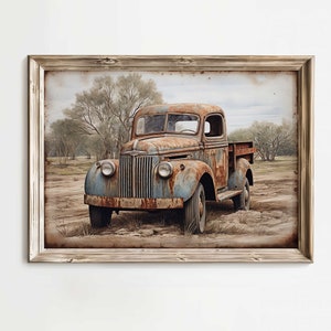 May include: A framed painting of a rusty blue pickup truck parked in a field. The truck is surrounded by trees and bushes. The painting has a vintage, rustic feel.