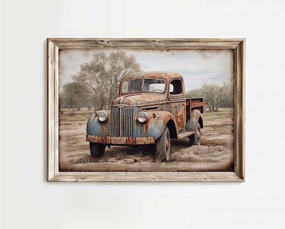 Rustic Home Decor, Vintage Country Cottage & Rusty Car, Countryside Wall Decor, Country House Print, Farmhouse Art, Printable Art