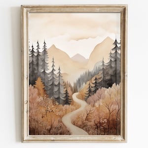 Aquarell Wald Wandbild, Herbstwald Druck, Vintage Natur Druck, Berghütte Dekor, Wald Malerei, druckbare Wanddekoration
