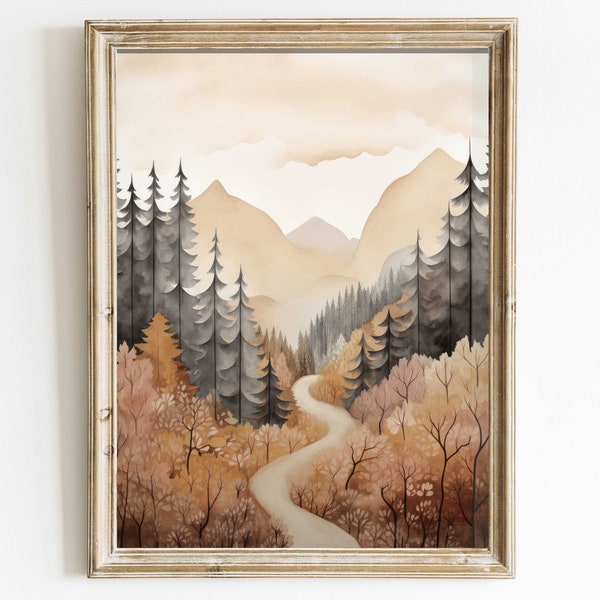 Watercolor Forest Wall Art, Autumn Forest Print, Vintage Nature Print, Mountain Cabin Decor, Forest Painting, DIGITAL Printable Wall Decor