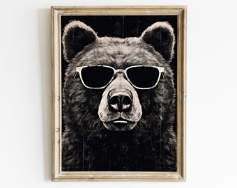 Cool Bear Wall Art, Funny Animal Art, Bear Kids Room Decor, Animal Wearing Glasses, Vintage Bear, Toddler Room Decor Boy, Printable Art