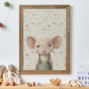 Cute Mouse Nursery Print, Mouse Nursery Art, Animal Nursery Art, Whimsical Animal Art, Vintage Girls Room Decor, PRINTABLE Animal Wall Art