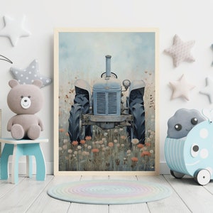 May include: A vintage blue tractor in a field of wildflowers. The tractor has a weathered, rustic look and is surrounded by a variety of colorful flowers.