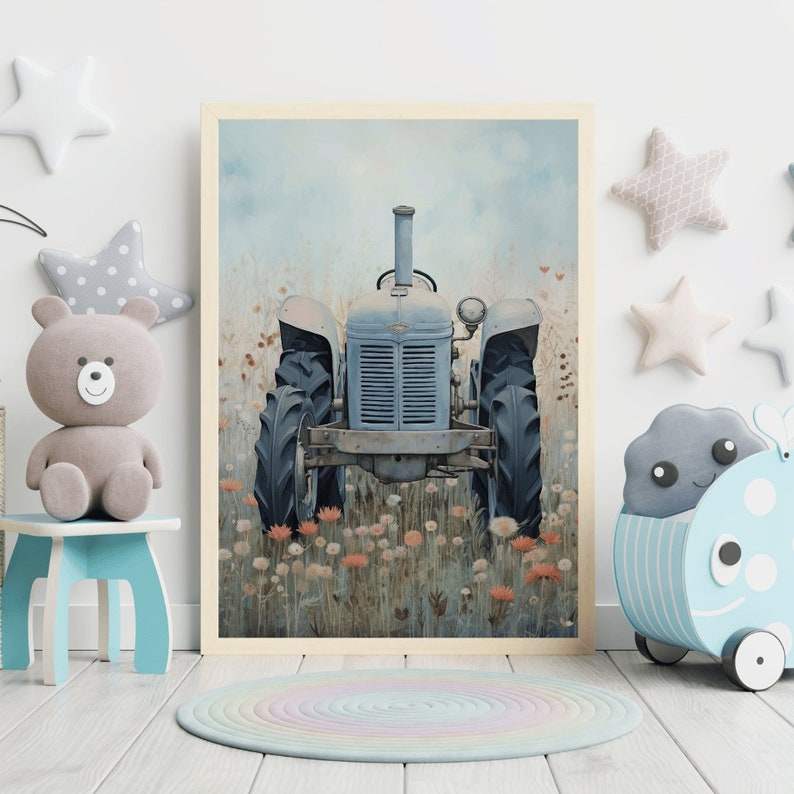 May include: A vintage blue tractor in a field of wildflowers. The tractor has a weathered, rustic look and is surrounded by a variety of colorful flowers.
