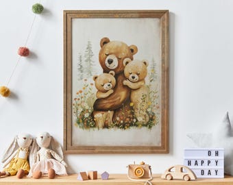 Bear Family Print, Papa Bear, Bear Cub Kids, Cute Bear Art, Wildflowers, Bear Kids Room Decor, Bear Nursery, Printable Brown Bear Wall Art