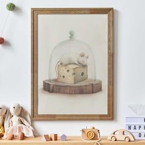 Mouse Nursery Print, Whimsical Mouse Art, Animal Nursery Decor, Mouse Sleeping on Cheese Tray, Vintage Girls Room, PRINTABLE Animal Art