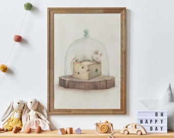 Mouse Nursery Print, Whimsical Mouse Art, Animal Nursery Decor, Mouse Sleeping on Cheese Tray, Vintage Girls Room, PRINTABLE Animal Art