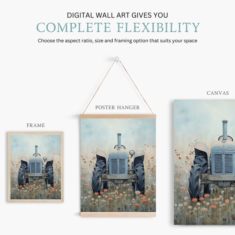 May include: A digital illustration of a blue tractor in a field of flowers. The tractor is facing the viewer and has a light blue body with a white cab. The field is filled with small, colorful flowers. The image is available in a variety of sizes and framing options.
