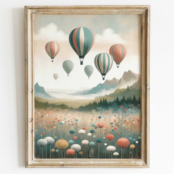 Vintage Hot Air Balloon Decor, Nursery Wall Art, Wildflower & Mountain Wall Decor, Childs Room Balloon Print, Adventure Wall Art for Kids