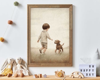 Stampa per cameretta dei cuccioli, arte per bambini e cani, arte murale vintage per cameretta dei bambini, decorazione per cameretta dei bambini amanti dei cani, decorazione murale stampabile per bambini con cani