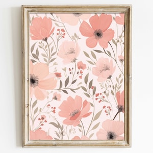 Pink Flowers Print, Floral Pattern Wall Art, Coral Color Floral Art, Flower Wall Decor, Floral Pattern Print, PRINTABLE Flower Wall Art