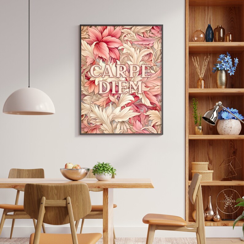 May include: A framed print with a floral design in shades of pink and cream. The print features the Latin phrase "Carpe Diem" in a decorative font.