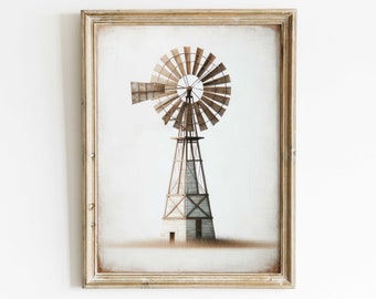 Vintage Windmill Wall Art, Windmill Art Print, Modern Farmhouse Wall Decor, Homestead Farm Theme Wall Art,PRINTABLE Country Style Home Decor