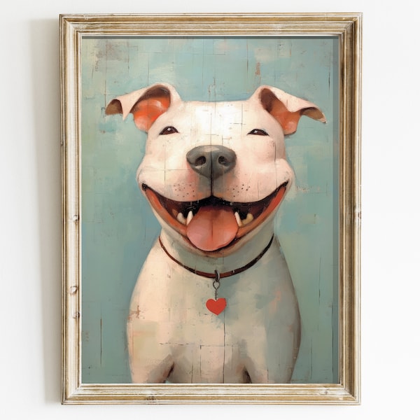 Pitbull Dog Wall Art, Happy Pitbull, Vintage Dog Print, American Pit Bull, Digital Dog Art, Animals, Pitbull Lover Gift, Funny, Animal Decor