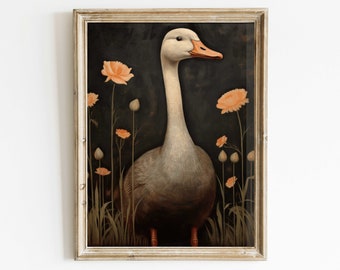 Goose Print, Vintage Farm Animal Print, Goose Wall Art, Farmhouse Style Decor, Country Home Decor, Dark Wall Art, Printable Wall Art