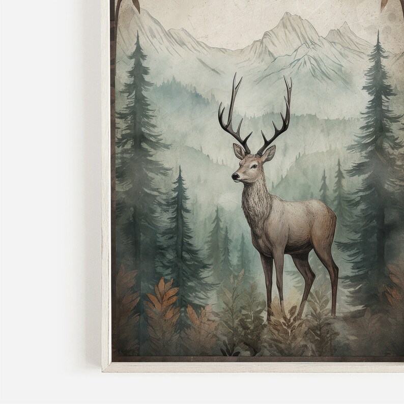 May include: A watercolor illustration of a deer standing in a forest with mountains in the background. The deer is brown and has large antlers. The forest is green and the mountains are gray.