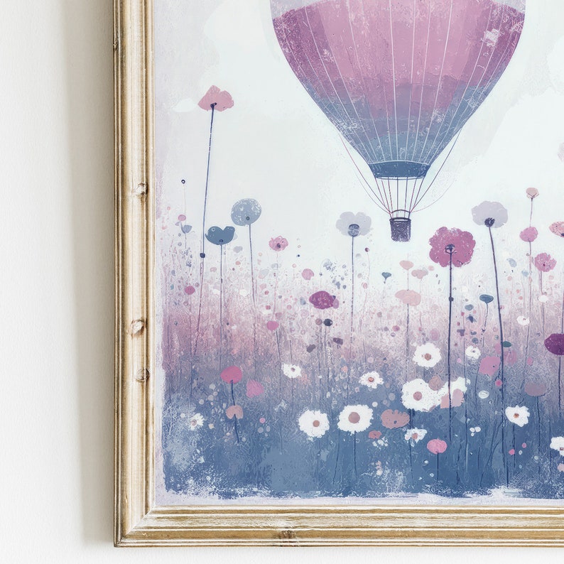 Hot Air Balloon Nursery, Air Balloon Print, Lavendel Color Nursery, Wildflower Nursery Art, Vintage Balloon Painting, PRINTABLE Nursery Art image 4