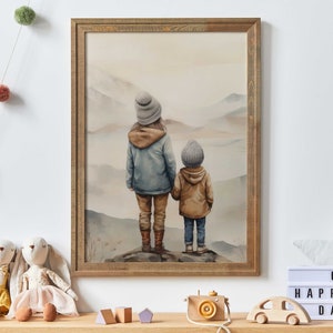 兄弟の絵画、兄弟のプリント、兄弟姉妹のアート、子供の自然アート、男の子と女の子の絵画、冒険保育園のプリント、印刷可能な子供向けアート