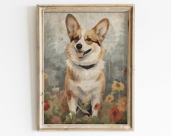 Impression d'art corgi, décoration de chien numérique imprimable, art mural chiens avec fleurs, peinture corgi, impression chien vintage, cadeau pour les amateurs de corgi et les propriétaires