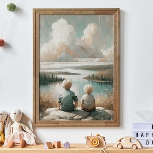 Brothers Room Decor, Boy Adventure Nursery, Brothers Bedroom Print, Adventure Art, Brother Painting, Printable Lake Nursery Decor