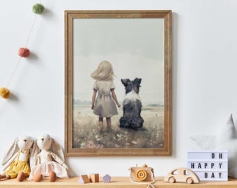 Vintage Girl and Dog Art | Blonde Girl and Collie | Home Wall Art