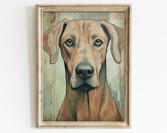 Rhodesian Ridgeback Art, Vintage Hundedekor, Geschenk für Hundeliebhaber, Rhodesian Dog Painting, Rustikales Hundedekor, Hundewandkunst zum Ausdrucken