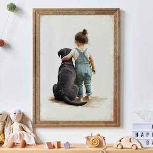Black Lab Nursery Art, Black Labrador Wall Decor, Labrador Girl Room, Girl and Dog Print, Lab Nursery Decor,Printable Dog Wall Art Girl