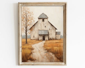May include: A painting of a white barn with a gray roof and a single window. The barn is surrounded by a field of tall grass and a dirt road leads up to the barn. A lone tree with yellow leaves stands to the left of the barn.
