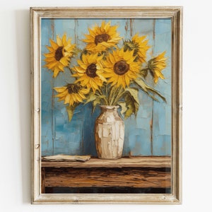 Decoración de pared con girasoles, estampado floral rústico vintage, arte de pared con girasoles, decoración de granja, pintura de flores de estilo campestre, arte imprimible